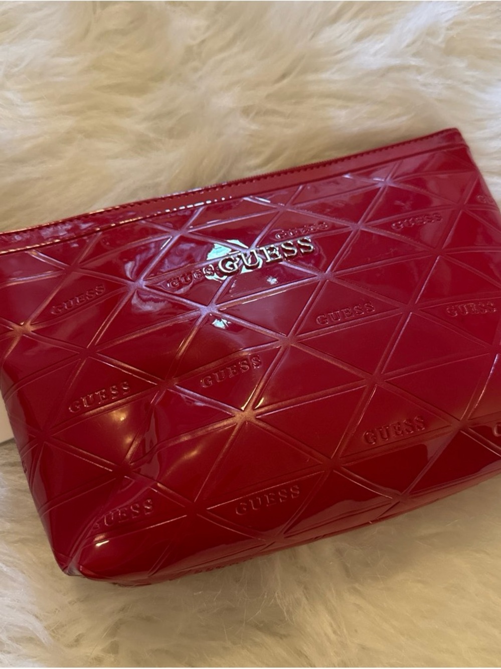 GUESS Patent Quilted Cosmetic Pouch in Red